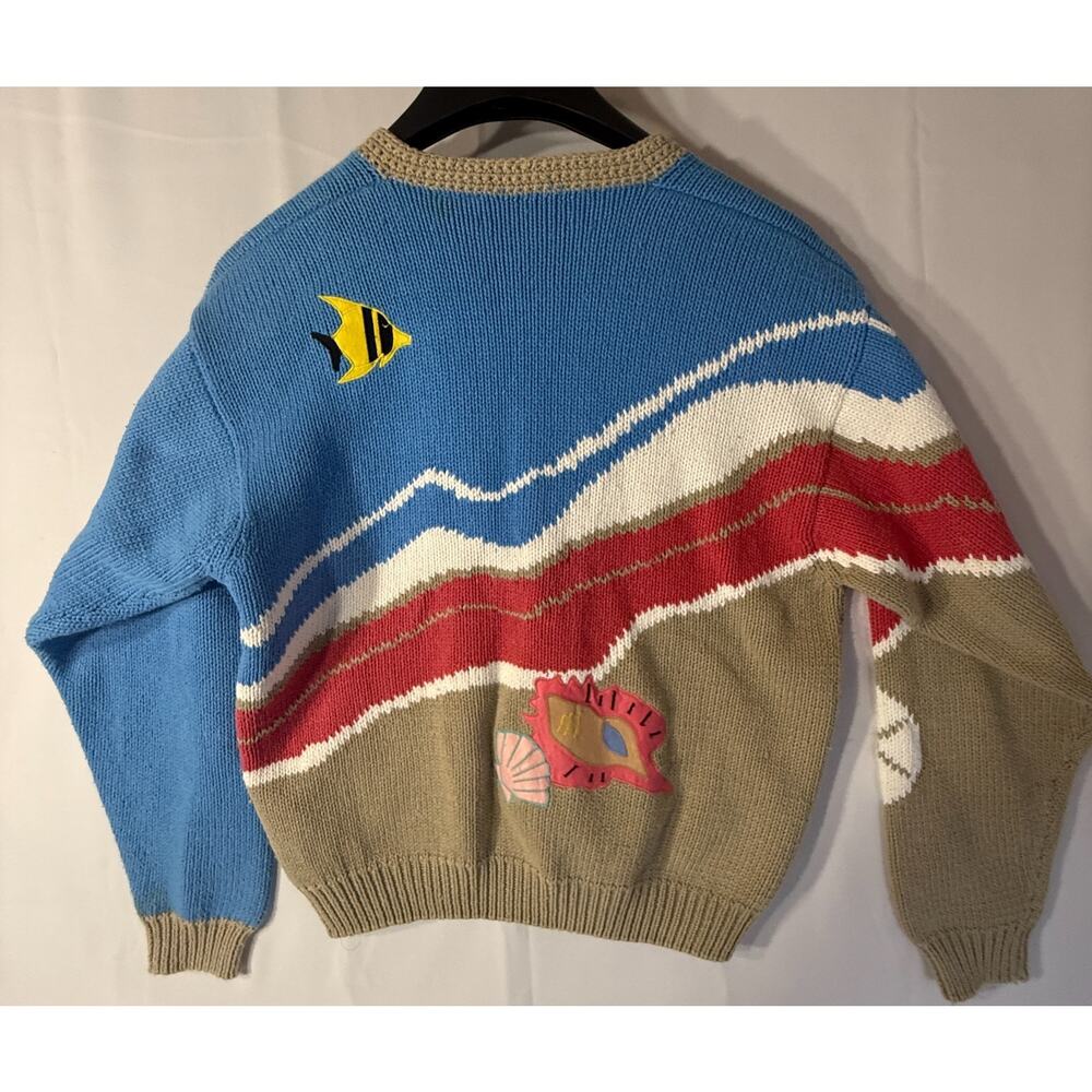 Sharon Young Coastal Fish Shell Knit Cardigan Cotton Sweater Medium - Picture 3 of 13